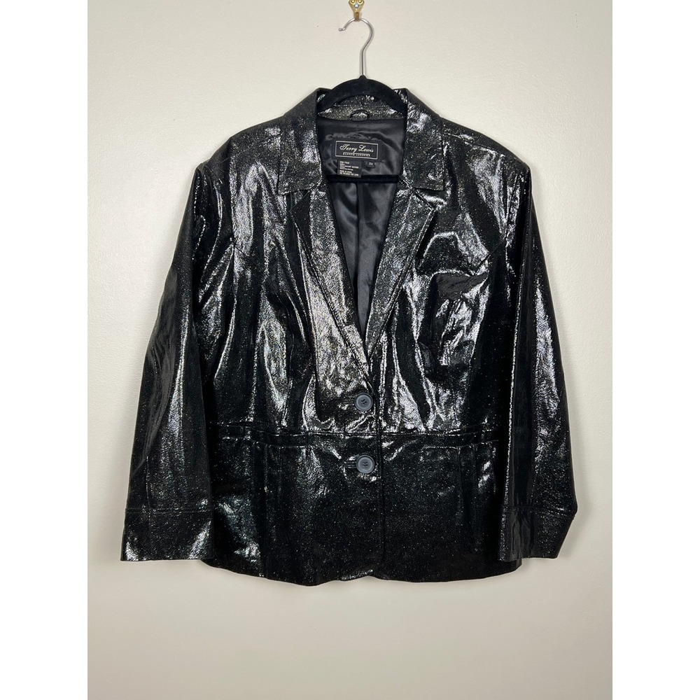 Terry Lewis Black Metallic Crackle Genuine Leather Blazer Jacket Womens 3X Plus